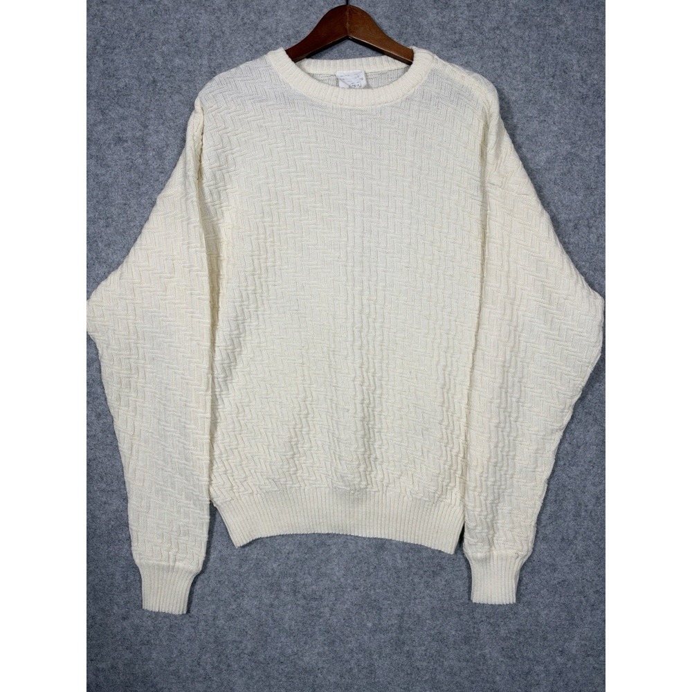 Cream Textured Knit Sweater Mens Large Acrylic Crewneck Pullover Made in Romania